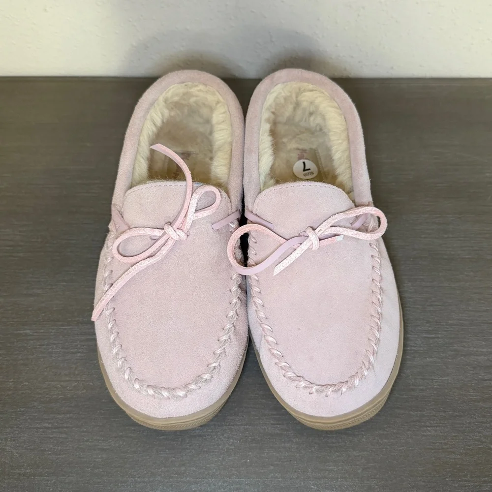 My Slippers MyPillow Pink Suede Faux Fur Lined Moccasin Slippers Women's Size 7 - Picture 4 of 7
